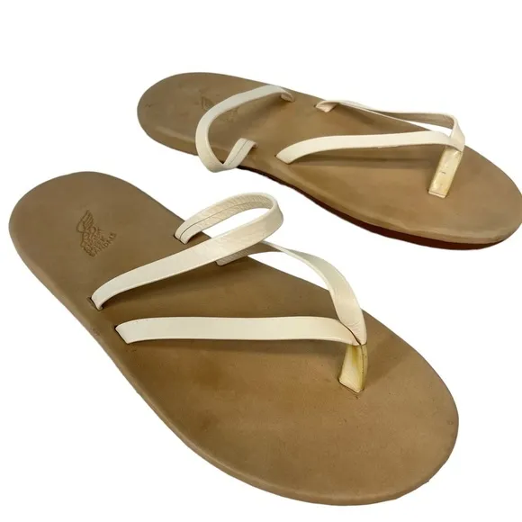 Ancient Greek Leather Comfort Sole Flip Flop Sandals Off White Women's Size 10