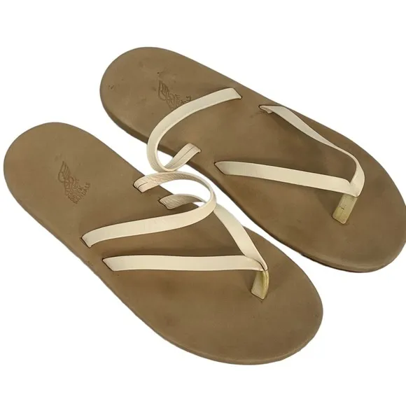 Ancient Greek Leather Comfort Sole Flip Flop Sandals Off White Women's Size 10