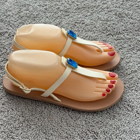 Ancient Greek Sandals Leather Cream with Blue Jewel Accent Sz 8 Coachella