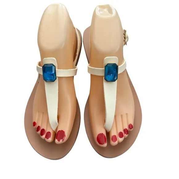 Ancient Greek Sandals Leather Cream with Blue Jewel Accent Sz 8 Coachella