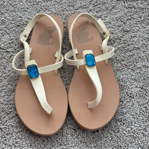 Ancient Greek Sandals Leather Cream with Blue Jewel Accent Sz 8 Coachella