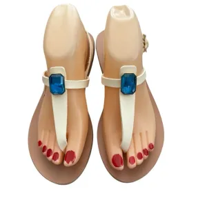 Ancient Greek Sandals Leather Cream with Blue Jewel Accent Sz 8 Coachella