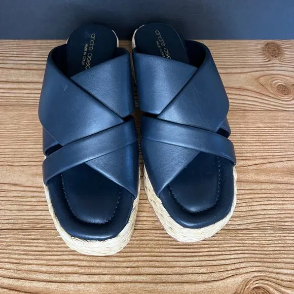 Andre Assous Dark Blue  Leather Espadrille Platform Slip On Wedge Sandals 39 EU