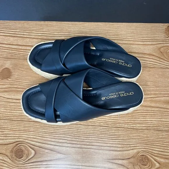 Andre Assous Dark Blue  Leather Espadrille Platform Slip On Wedge Sandals 39 EU