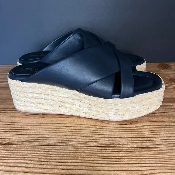 Andre Assous Dark Blue  Leather Espadrille Platform Slip On Wedge Sandals 39 EU