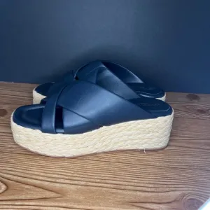 Andre Assous Dark Blue  Leather Espadrille Platform Slip On Wedge Sandals 39 EU