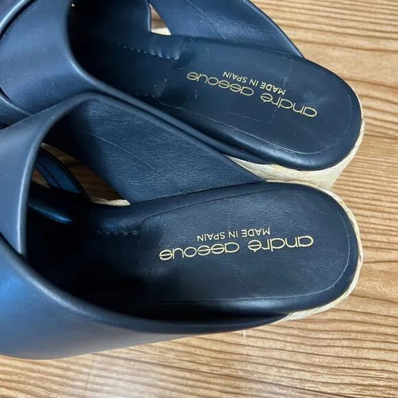 Andre Assous Dark Blue  Leather Espadrille Platform Slip On Wedge Sandals 39 EU