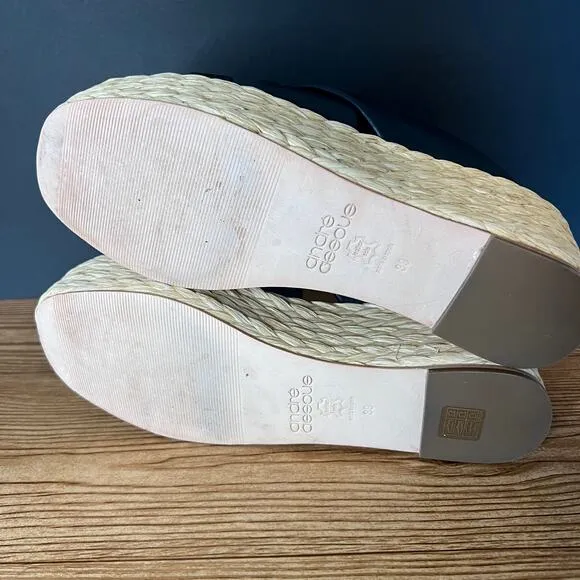 Andre Assous Dark Blue  Leather Espadrille Platform Slip On Wedge Sandals 39 EU