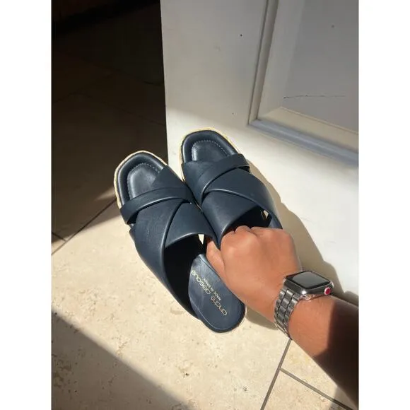 Andre Assous Dark Blue  Leather Espadrille Platform Slip On Wedge Sandals 39 EU