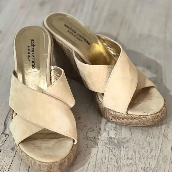 Andrea Carrano Women's Beige Suede Wedge Sandals Size 40 USA 9 Criss-Cross