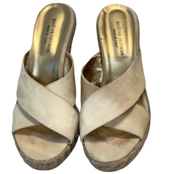 Andrea Carrano Women's Beige Suede Wedge Sandals Size 40 USA 9 Criss-Cross