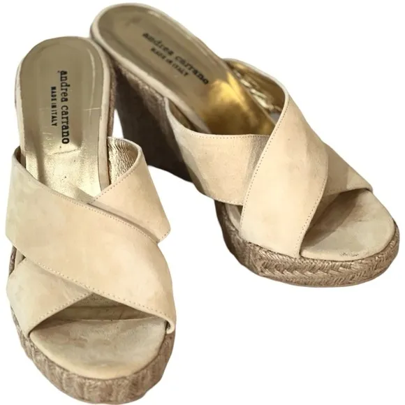 Andrea Carrano Women's Beige Suede Wedge Sandals Size 40 USA 9 Criss-Cross
