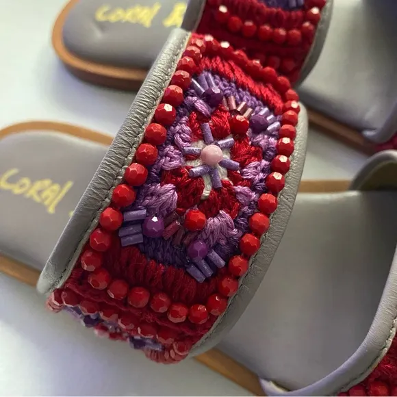 Anthro Coral Blue Women’s 39 Granny Sandals Flats Embroidered Beading Beach Boho