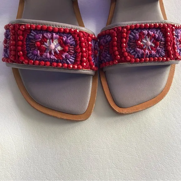 Anthro Coral Blue Women’s 39 Granny Sandals Flats Embroidered Beading Beach Boho
