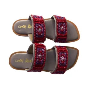 Anthro Coral Blue Women’s 39 Granny Sandals Flats Embroidered Beading Beach Boho