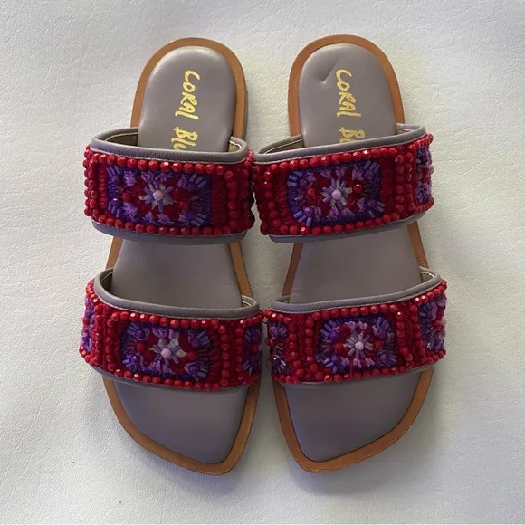 Anthro Coral Blue Women’s 39 Granny Sandals Flats Embroidered Beading Beach Boho