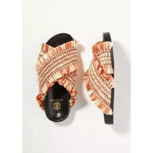 Anthropologie De Siena Criss-Cross Fringe Slide Sandals Brown Size 38‎ US 7 NEW