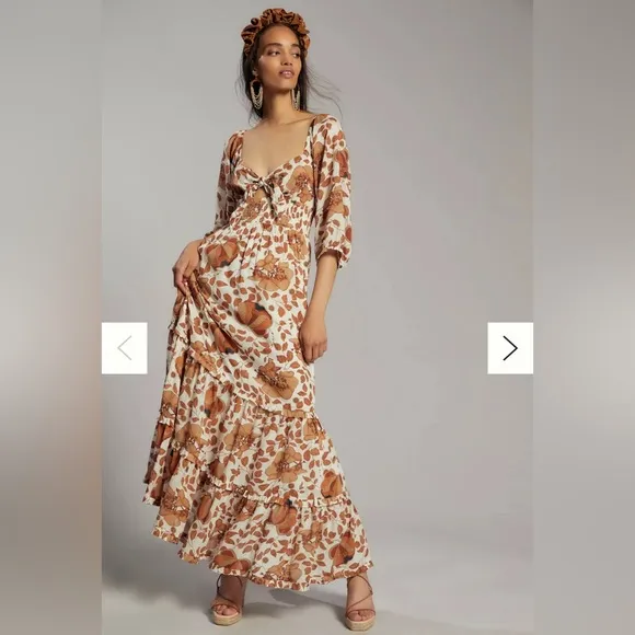Anthropologie Maxi Dress Floral Knot Bust Cutout Tiered Cream Brown Medium