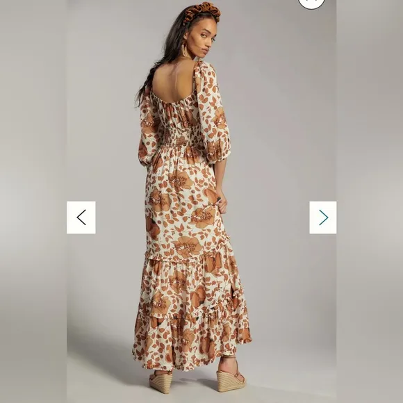 Anthropologie Maxi Dress Floral Knot Bust Cutout Tiered Cream Brown Medium