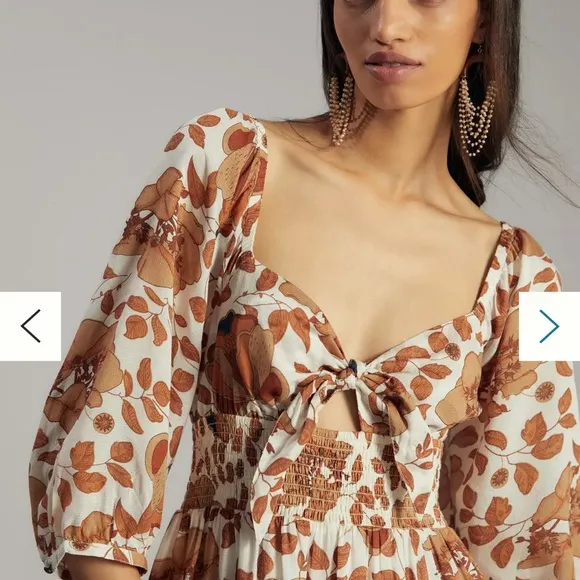 Anthropologie Maxi Dress Floral Knot Bust Cutout Tiered Cream Brown Medium