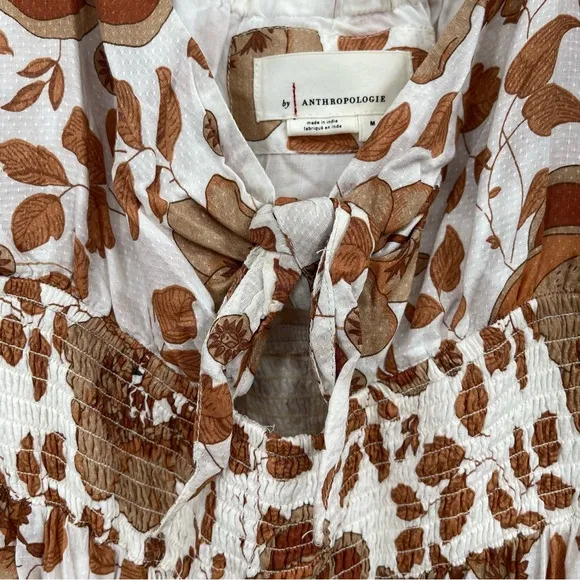 Anthropologie Maxi Dress Floral Knot Bust Cutout Tiered Cream Brown Medium