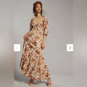 Anthropologie Maxi Dress Floral Knot Bust Cutout Tiered Cream Brown Medium