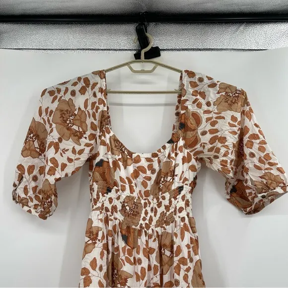 Anthropologie Maxi Dress Floral Knot Bust Cutout Tiered Cream Brown Medium