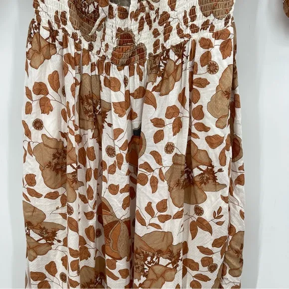 Anthropologie Maxi Dress Floral Knot Bust Cutout Tiered Cream Brown Medium