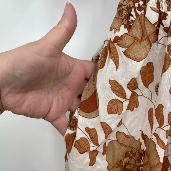 Anthropologie Maxi Dress Floral Knot Bust Cutout Tiered Cream Brown Medium