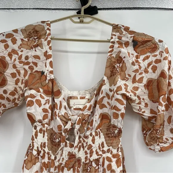 Anthropologie Maxi Dress Floral Knot Bust Cutout Tiered Cream Brown Medium
