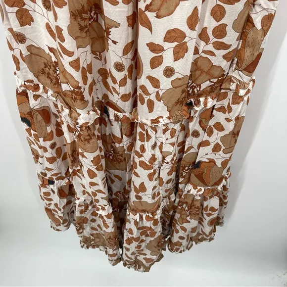Anthropologie Maxi Dress Floral Knot Bust Cutout Tiered Cream Brown Medium