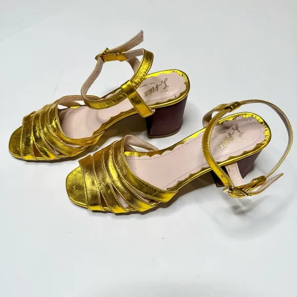 Anthropologie Miss L Metallic Leather Gold Strappy Heeled Sandals