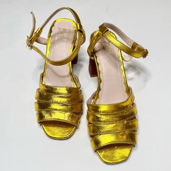 Anthropologie Miss L Metallic Leather Gold Strappy Heeled Sandals