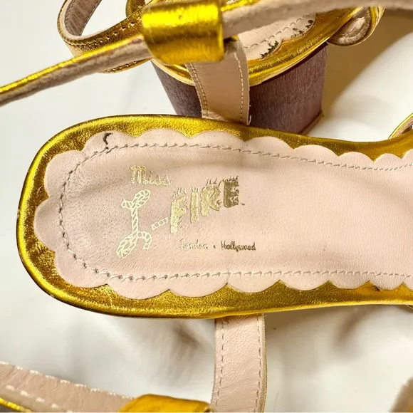 Anthropologie Miss L Metallic Leather Gold Strappy Heeled Sandals