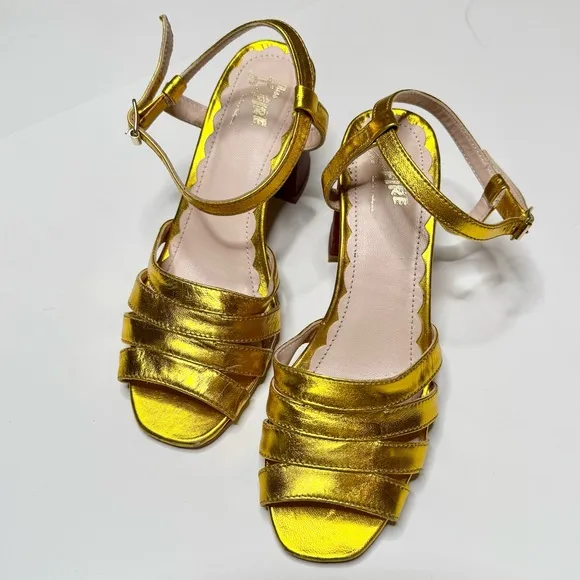 Anthropologie Miss L Metallic Leather Gold Strappy Heeled Sandals