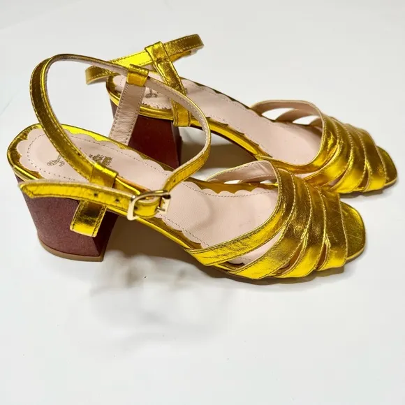 Anthropologie Miss L Metallic Leather Gold Strappy Heeled Sandals