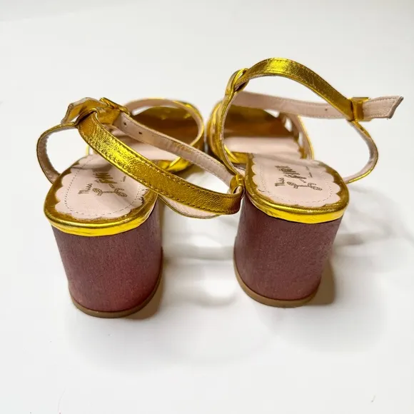 Anthropologie Miss L Metallic Leather Gold Strappy Heeled Sandals