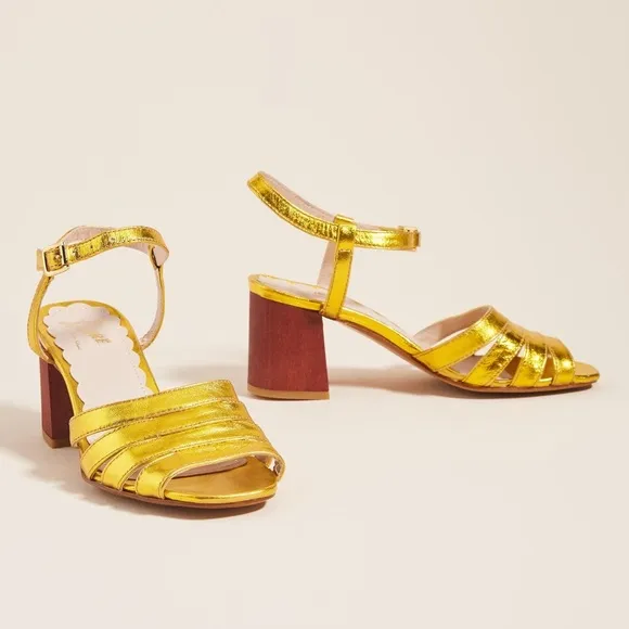 Anthropologie Miss L Metallic Leather Gold Strappy Heeled Sandals