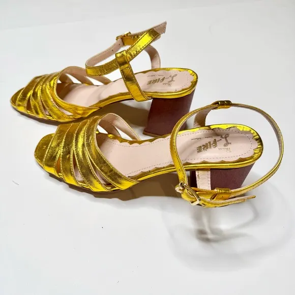 Anthropologie Miss L Metallic Leather Gold Strappy Heeled Sandals