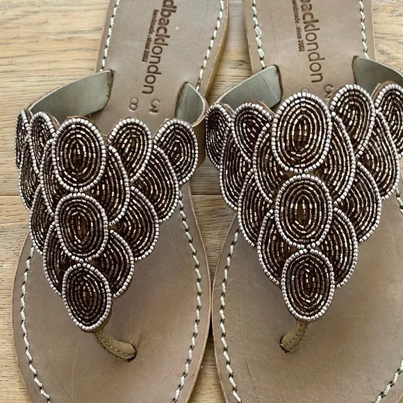 Anthropologie NWT laidback London hand beaded blue gold leather sandal Boho 🌈❤️