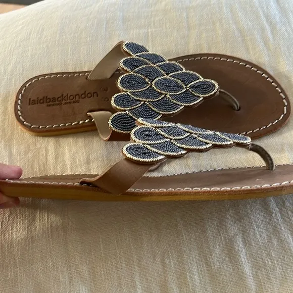 Anthropologie NWT laidback London hand beaded blue gold leather sandal Boho 🌈❤️