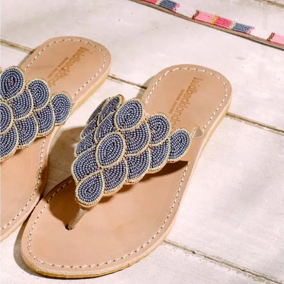 Anthropologie NWT laidback London hand beaded blue gold leather sandal Boho 🌈❤️