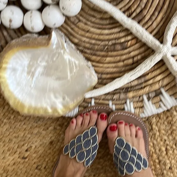 Anthropologie NWT laidback London hand beaded blue gold leather sandal Boho 🌈❤️