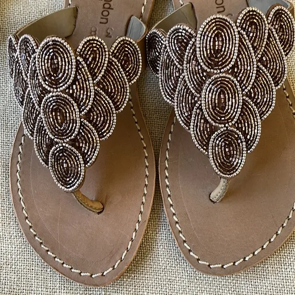 Anthropologie NWT laidback London hand beaded blue gold leather sandal Boho 🌈❤️