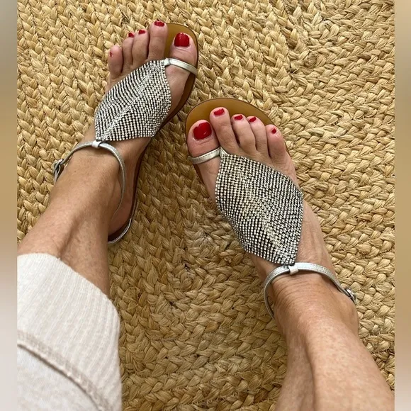 Anthropologie NWT Lola Cruz Ringstone Silver embellished sandal Pool Party