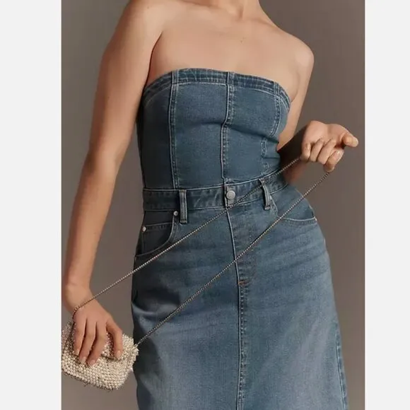 Anthropologie Pilcro L The Madi Front-Slit Denim Strapless Dress NWT Large New