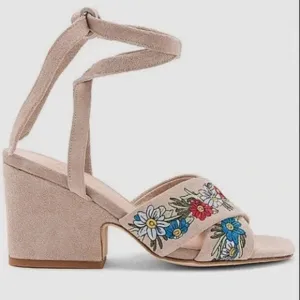 Anthropologie Raye Tan Suede Embroidered Floral Lace Up Heeled Sandals NWOB