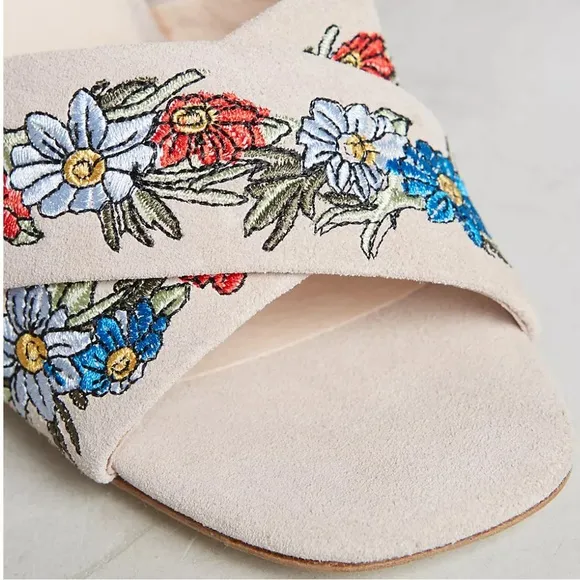 Anthropologie Raye Tan Suede Embroidered Floral Lace Up Heeled Sandals NWOB