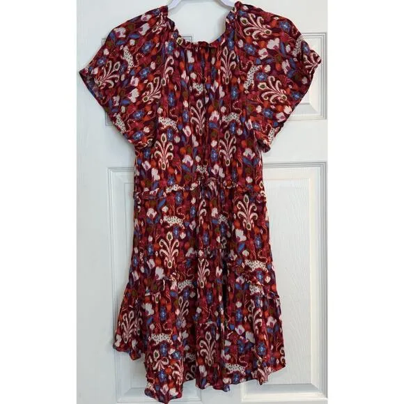 Anthropologie Robin Mini Dress XS Red Pink Babydoll Floral Ruffled Tiered Fairy