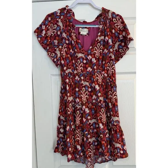 Anthropologie Robin Mini Dress XS Red Pink Babydoll Floral Ruffled Tiered Fairy